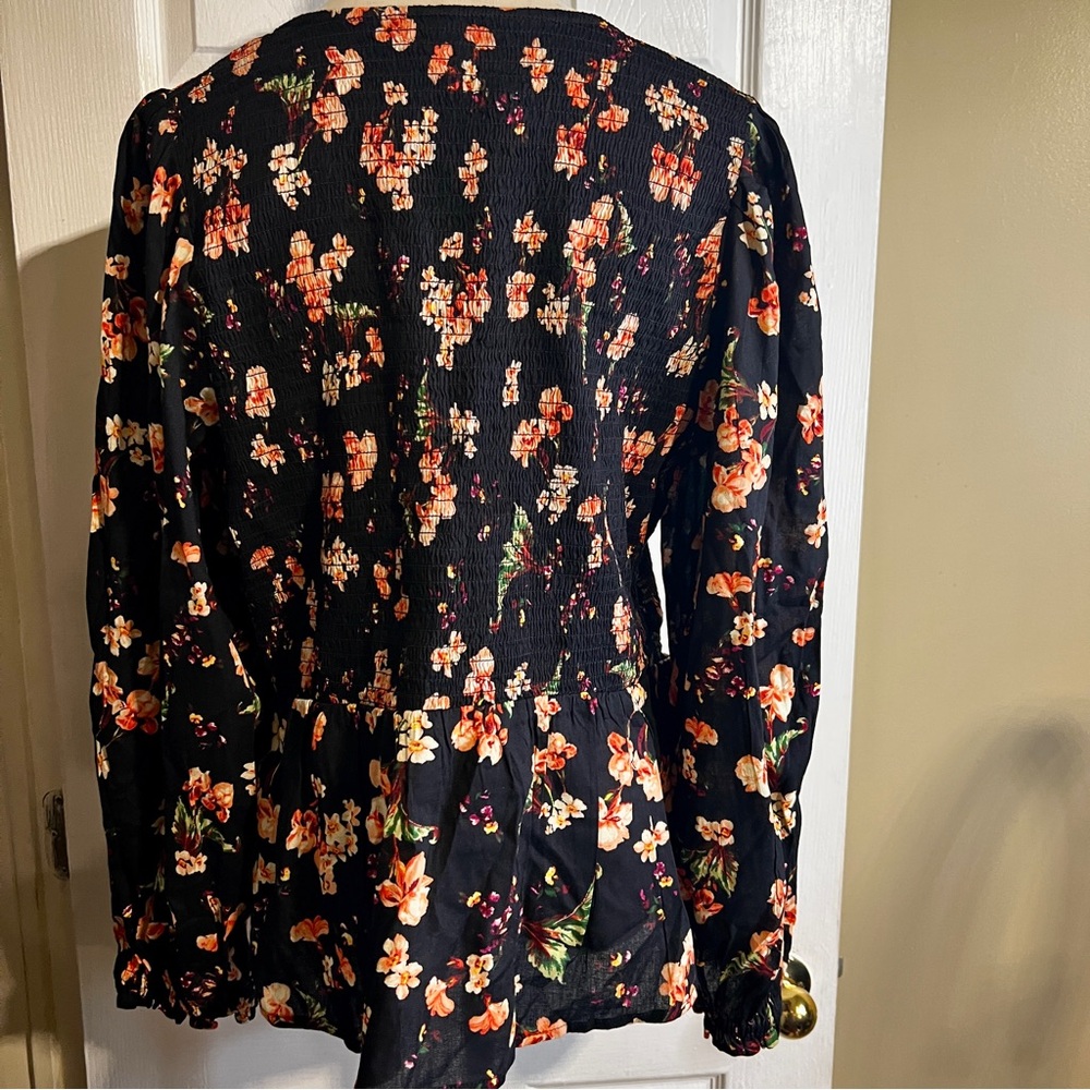 New Old Navy Floral Cotton Knit Puff Sleeve Smocked‎ Peplum Ruffle Boho Top XL - Picture 8 of 13
